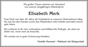 Traueranzeige von Elisabeth Merk von Allgäuer Zeitung, Füssen