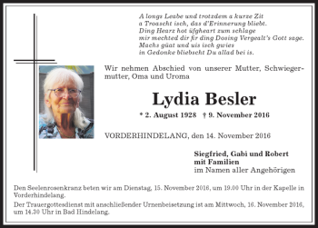 Traueranzeige von Lydia Besler von Allgäuer Anzeigeblatt