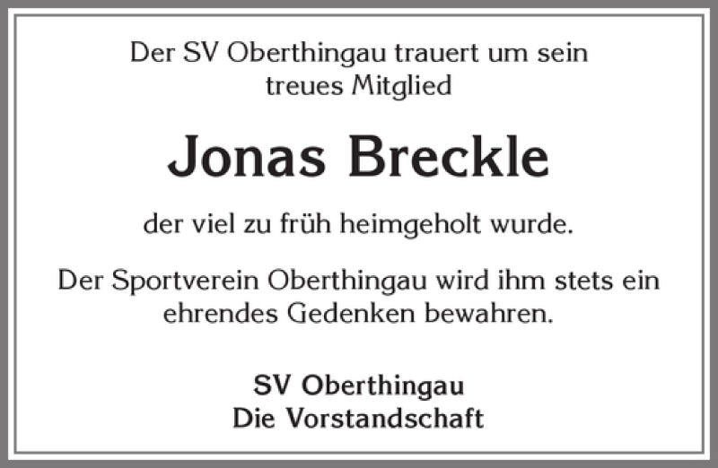  Traueranzeige für Jonas Breckle vom 10.11.2016 aus Allgäuer Zeitung, Marktoberdorf