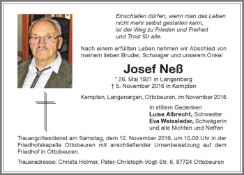 Traueranzeige von Josef Neß von Allgäuer Zeitung