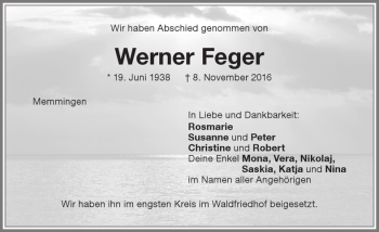 Traueranzeige von Werner Feger von Memminger Zeitung