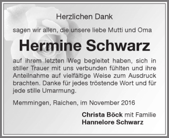 Traueranzeige von Hermine Schwarz von Memminger Zeitung