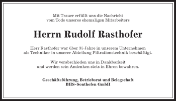 Traueranzeige von Rudolf Rasthofer von Allgäuer Anzeigeblatt