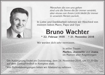 Traueranzeige von Bruno Wachter von Allgäuer Zeitung,Kempten