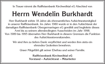 Traueranzeige von Wendelin Burkhardt von Allgäuer Zeitung, Kaufbeuren/Buchloe