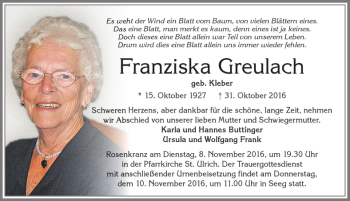 Traueranzeige von Franziska Greulach von Allgäuer Zeitung, Füssen