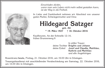 Traueranzeige von Hildegard Satzger von Allgäuer Zeitung, Kaufbeuren/Buchloe