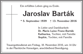 Traueranzeige von Jaroslav Bartak von Allgäuer Zeitung, Kaufbeuren/Buchloe