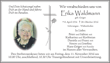 Traueranzeige von Erika Waldmann von Allgäuer Zeitung, Füssen