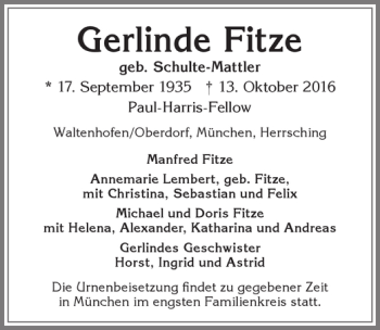 Traueranzeige von Gerlinde Fitze von Allgäuer Zeitung,Kempten
