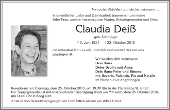 Traueranzeige von Claudia Deiß von Allgäuer Zeitung