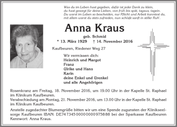 Traueranzeige von Anna Kraus von Allgäuer Zeitung, Kaufbeuren/Buchloe