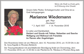 Traueranzeige von Marianne Wiedemann von Allgäuer Zeitung, Füssen
