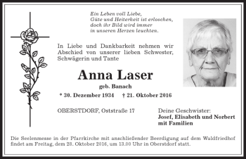 Traueranzeige von Anna Laser von Allgäuer Anzeigeblatt