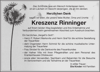 Traueranzeige von Kreszenz Rinninger von Memminger Zeitung