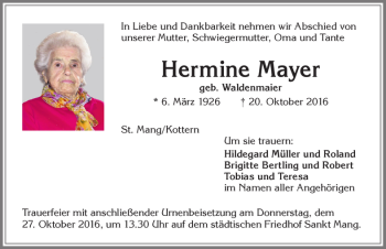 Traueranzeige von Hermine Mayer von Allgäuer Zeitung,Kempten