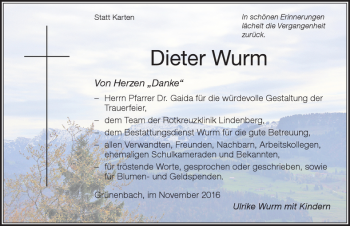 Traueranzeige von Dieter Wurm von Der Westallgäuer