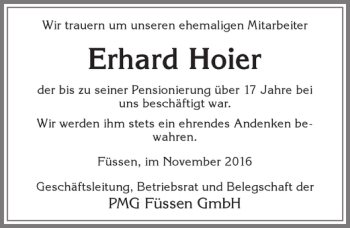 Traueranzeige von Erhard Hoier von Allgäuer Zeitung, Füssen