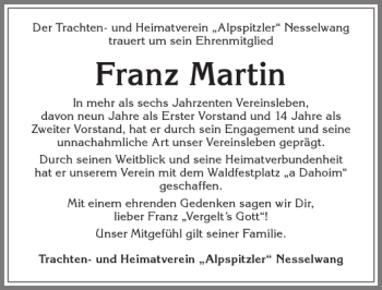Traueranzeige von Franz Martin von Allgäuer Zeitung, Füssen