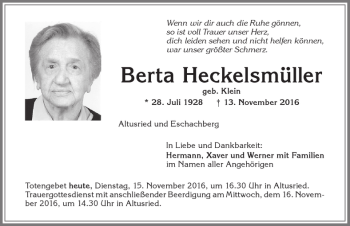 Traueranzeige von Berta Heckelmüller von Allgäuer Zeitung,Kempten