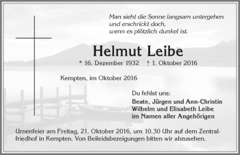 Traueranzeige von Helmut Leibe von Allgäuer Zeitung,Kempten
