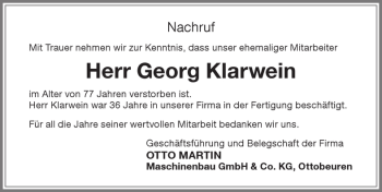 Traueranzeige von Georg Klarwein von Memminger Zeitung
