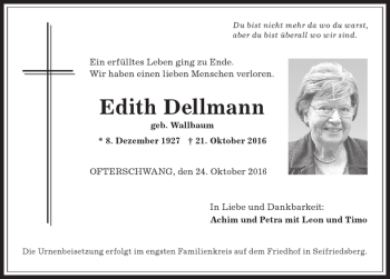 Traueranzeige von Edith Dellmann von Allgäuer Anzeigeblatt