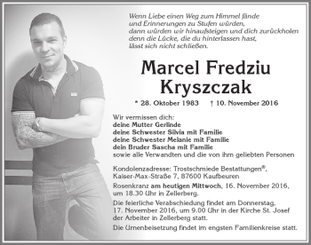 Traueranzeige von Marcel Fredziu Kryszczak von Allgäuer Zeitung, Kaufbeuren/Buchloe