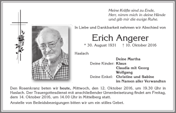 Traueranzeige von Erich Angerer von Allgäuer Zeitung,Kempten