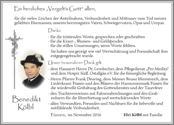 Traueranzeige von Benedikt Kölbl von Allgäuer Zeitung, Füssen