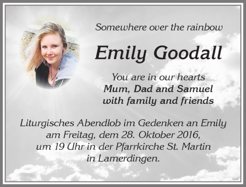  Traueranzeige für Emily Goodall vom 25.10.2016 aus Allgäuer Zeitung, Kaufbeuren/Buchloe