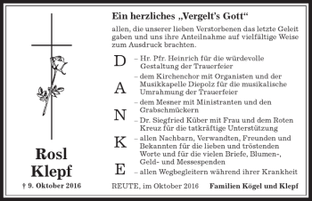 Traueranzeige von Rosl Klepf von Allgäuer Anzeigeblatt