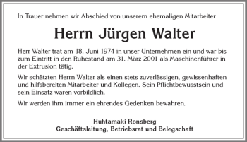 Traueranzeige von Jürgen Walter von Allgäuer Zeitung, Marktoberdorf