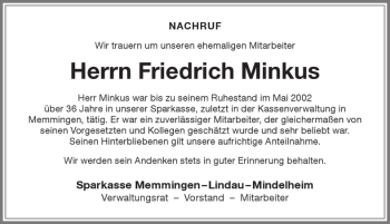 Traueranzeige von Friedrich Minkus von Memminger Zeitung