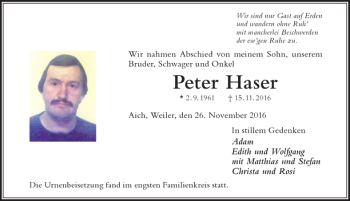 Traueranzeige von Peter Haser von Der Westallgäuer