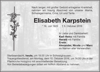 Traueranzeige von Elisabeth Karpstein 