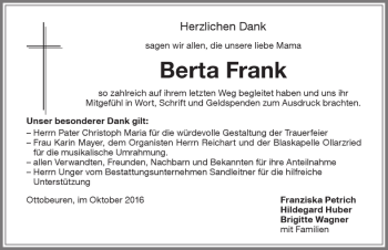 Traueranzeige von Berta Frank von Memminger Zeitung