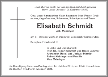 Traueranzeige von Elisabeth Schmidt von Allgäuer Zeitung,Kempten