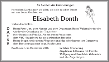 Traueranzeige von Elisabeth Donth von Allgäuer Zeitung, Kaufbeuren/Buchloe