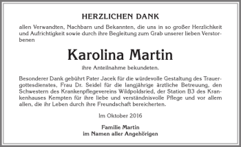 Traueranzeige von Karolina Martin von Allgäuer Zeitung,Kempten