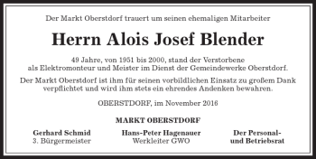 Traueranzeige von Alois Josef Blender von Allgäuer Anzeigeblatt