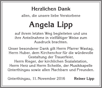 Traueranzeige von Angela Lipp von Allgäuer Zeitung, Marktoberdorf