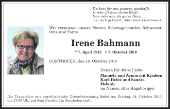 Traueranzeige von Irene Bahmann von Allgäuer Anzeigeblatt