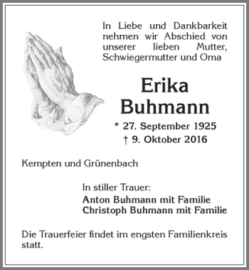 Traueranzeige von Erika Buhmann von Allgäuer Zeitung,Kempten
