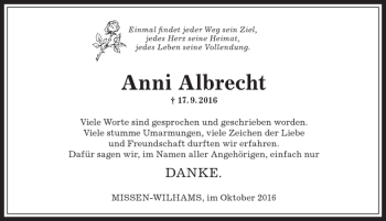Traueranzeige von Anni Albrecht von Allgäuer Anzeigeblatt