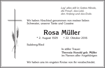 Traueranzeige von Rosa Müller von Allgäuer Zeitung,Kempten