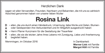 Traueranzeige von Rosina Link von Memminger Zeitung