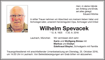 Traueranzeige von Wilhelm Spevacek von Memminger Zeitung