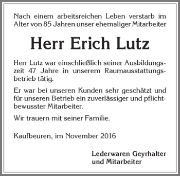 Traueranzeige von Erich Lutz von Allgäuer Zeitung, Kaufbeuren/Buchloe