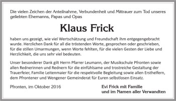 Traueranzeige von Klaus Frick von Allgäuer Zeitung, Füssen